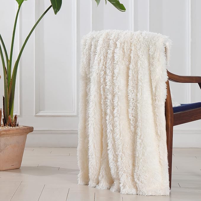 Decorative Extra Soft Fuzzy Faux Fur Throw Blanket 50" x 60",Solid Reversible Long Hair Shaggy Blanket,Fluffy Cozy Plush Comfy Microfiber Fleece Blankets for Couch Sofa Bedroom,Cream White