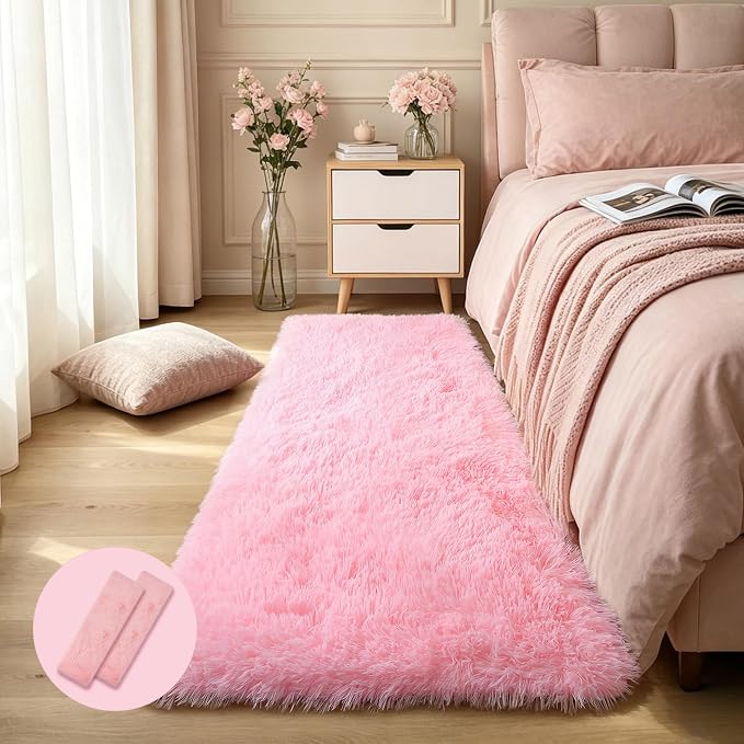 KCHOWUA Pink Fluffy Fuzzy Rug 2x6, 2 Pcs Machine Washable Plush Shag | Soft pastel shaggy furry throw rug for girls bedroom, living room, nursery, kids room, and dorm