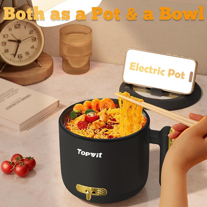 TOPWIT 1.8L Electric Hot Pot with Steamer, Ramen Cooker with Dual Power | Multifunctional for Steak, Egg, Soup & Noodles, Non-Stick Pot, Portable for Dorm & Office, Overheat & Boil-Dry Protection