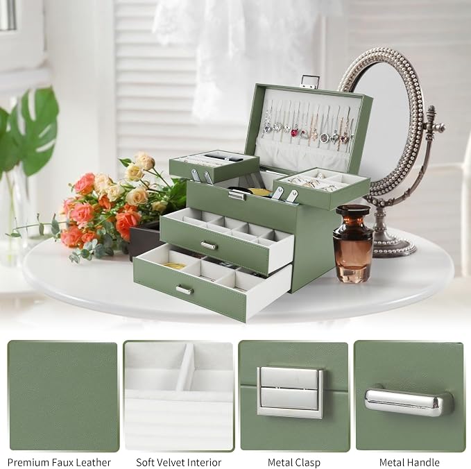 Jewelry Organizer Box, Large Jewelry Boxes for Women Girls, Space-Saving 4 Layers Jewelry Storage Case with Drawer, Movable Metal Stand, Modern, Gift Idea (Green)