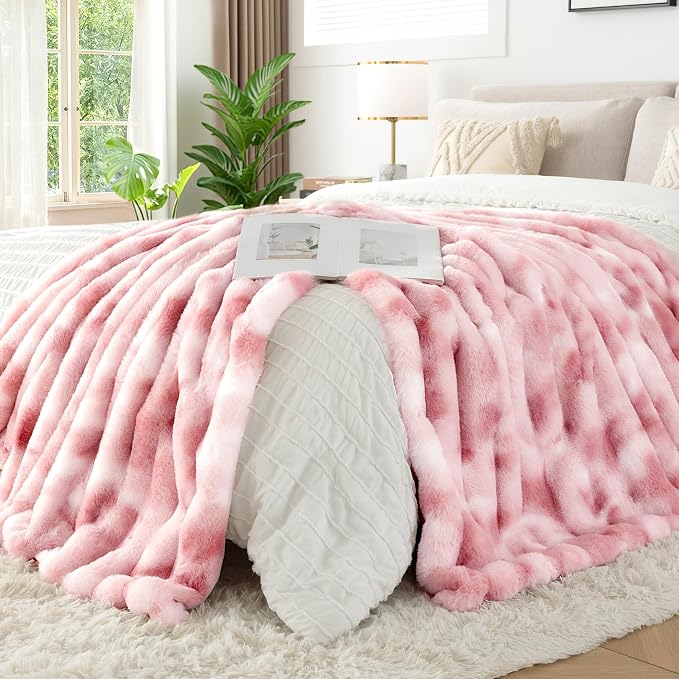 Luxury Faux Rabbit Fur Twin Blanket for Couch, Super Heavy Warm Cozy Throw for Sofa Bedroom Living Room, Ultra Soft Fluffy Reversible Plush Blankets for Home Decor Gifts, Tie-dye Pink
