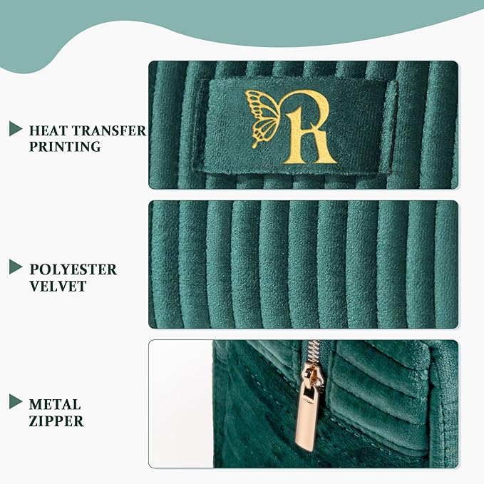 COSHAYSOO Travel Makeup Bag Quilted Make Up Pouch Initial Cosmetic Case for Women Hair Eyebrow Eyeshadow Brushes Powder Foundation Blush Bronzer Contour Palette Items Organizer Green Letter R