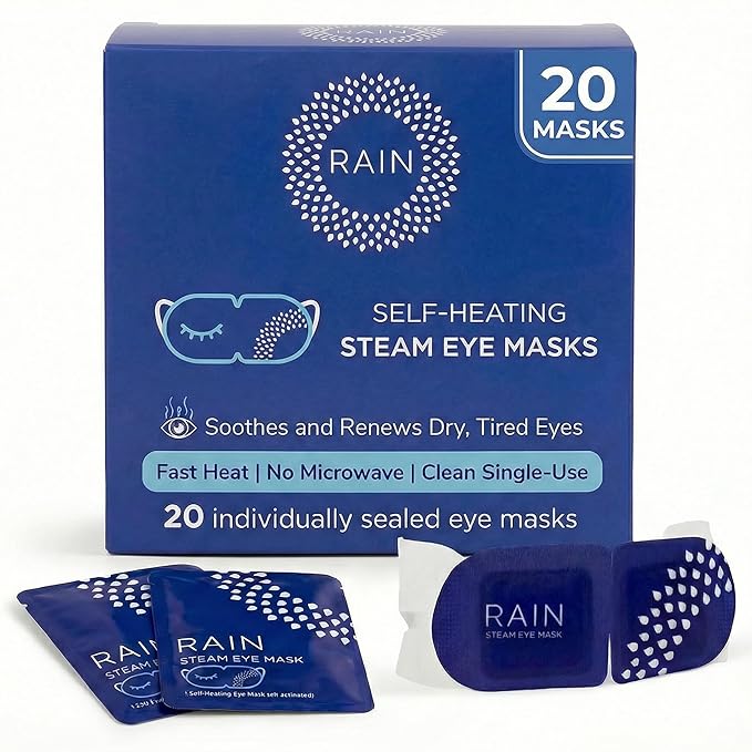 Rain Heated Eye Mask for Dry Eyes - Steam Eye Mask - Self Heating Warm Compress for Dry Eyes Relief, Stye Treatment, Moist Heat - Disposable, Unscented, No Microwave, Travel Ready, Spa (20 Masks)