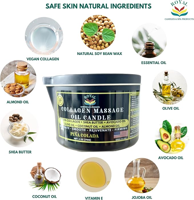 ROYAL Collagen Massage Oil candle, Body Massage Oil Candle, Candle Massage Oil, Collagen Massage Oil Candle, Aromatherapy candle, couple massage oil candle, 6 oz. with pouring spout -Pina Colada Scent