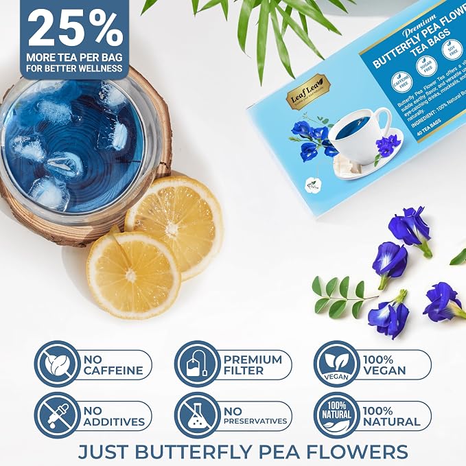 LeafLea Butterfly Pea Tea Bags, 100% Butterfly Pea Flowers, 80 Count | Natural Herbal Tea For Blue And Purple Drinks, Mocktails, Food Coloring, Caffeine-Free, Sugar-Free, Non-GMO, Pack Of 2
