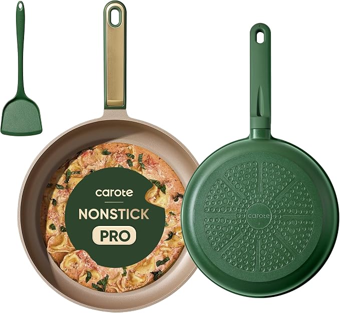 CAROTE 9.5'' and 11'' Nonstick Frying Pans Skillet, NonStick Fry Pan Egg Pan Omelet Pans,Healthy & PFOA Free, Induction-Compatible, Dishwasher Safe & Includes Silicone Spatula，Green