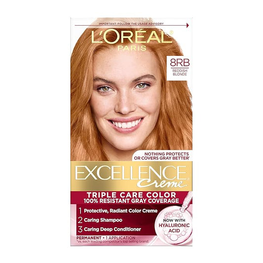 L'Oreal Paris Excellence Crème Permanent Hair Dye, Triple Care Hair Color with Hyaluronic Acid for 100% Gray Coverage, 8RB Reddish Blonde, 1 Kit (Packaging May Vary)