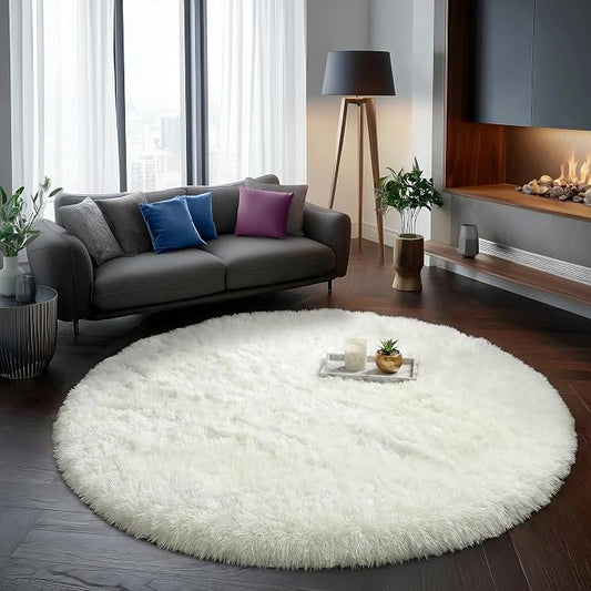 Amdrebio Ivory White Large Round Rug 8Ft for Kids Bedroom Aesthetic, Fluffy Fuzzy Furry Circle Area Rugs for Living Room, Big Plush Soft Shaggy Cream Carpet for Apartment Baby Nursery Teen Girls Boys
