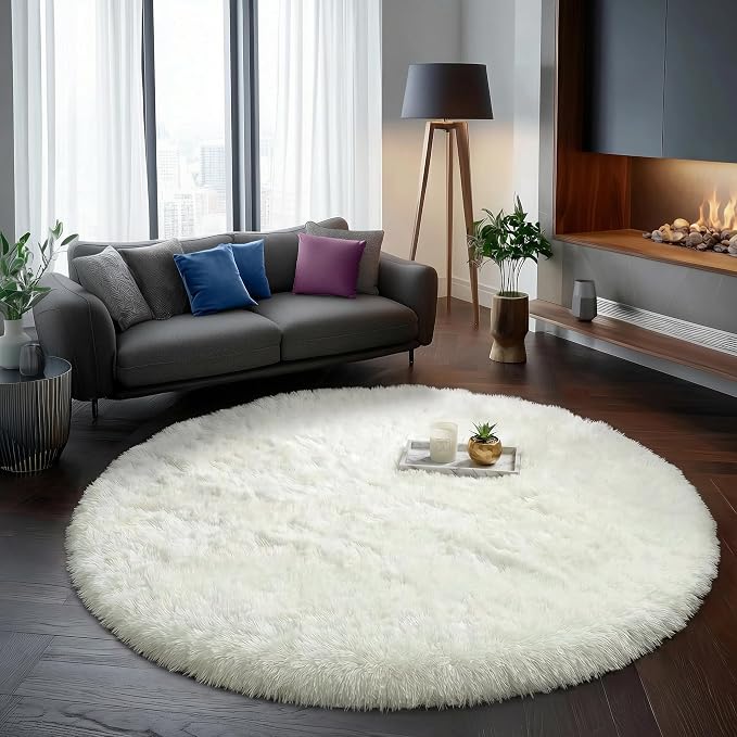Amdrebio Ivory White Big Round Rug 7Ft for Kids Bedroom Aesthetic, Fluffy Fuzzy Furry Circle Area Rugs for Living Room, Large Plush Soft Shaggy Cream Carpet for Baby Nursery Classroom Teen Girls Boys