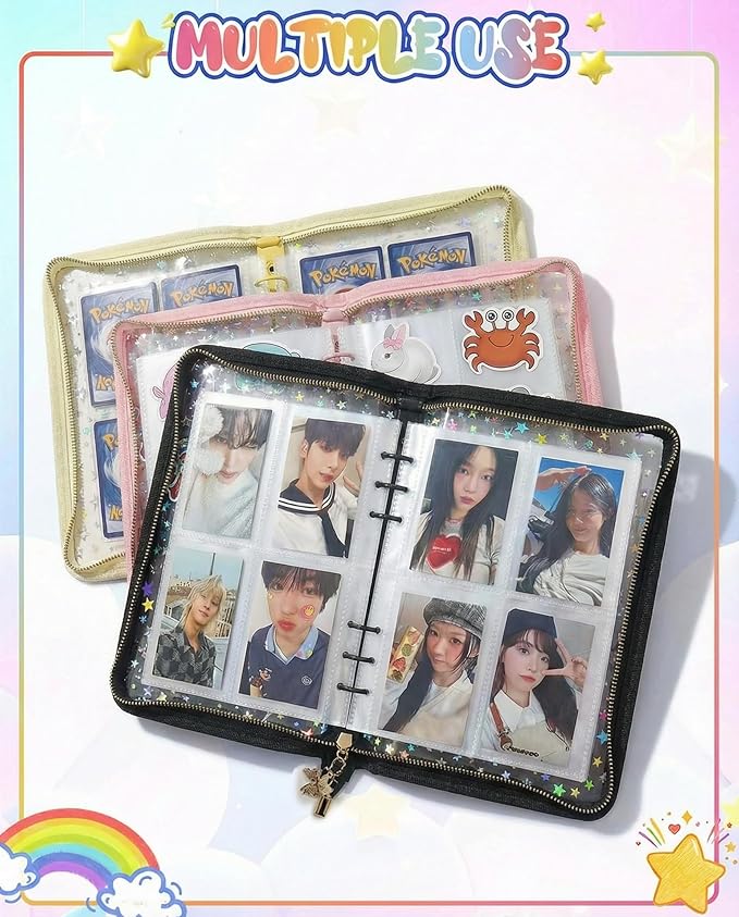 4 Pocket Card Binder with 20 Stickers, A5 Kpop Photocard Binder for 400 Cards, Trading Card Binder, Card Collection Binder, Cute Mini Card Binder for Gifts