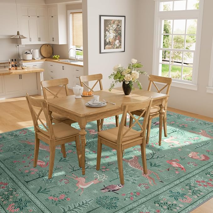 DUKINO 5x7 Area Rugs, Washable Animal Rug for Living Room Non Slip, Teal | Low Pile, Soft Indoor Carpet for Bedroom, Kids Room, Dining Room, Pet Friendly, Farmhouse, Stain Resistant, Non-Shedding