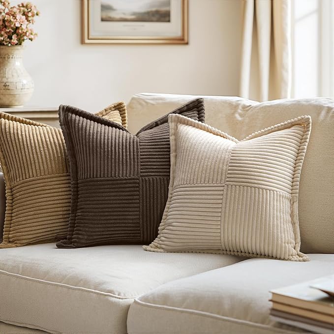 MIULEE Decorative Throw Pillow Covers for Couch 20x20 Inch Dark Brown | 2 Pack, Boho Broadside Striped Patchwork Pillow Covers, Soft Corduroy Cushion Cases, For Sofa Bed Livingroom Home Decor