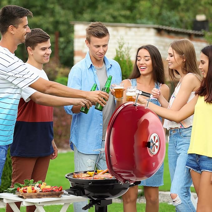 Electric Grill, Techwood Indoor/Outdoor Electric BBQ Grill, 1600W Portable Removable Stand Grill with Adjustable Heat & Drip Tray, Double Layer Design for Party, Patio & Backyard (Red)