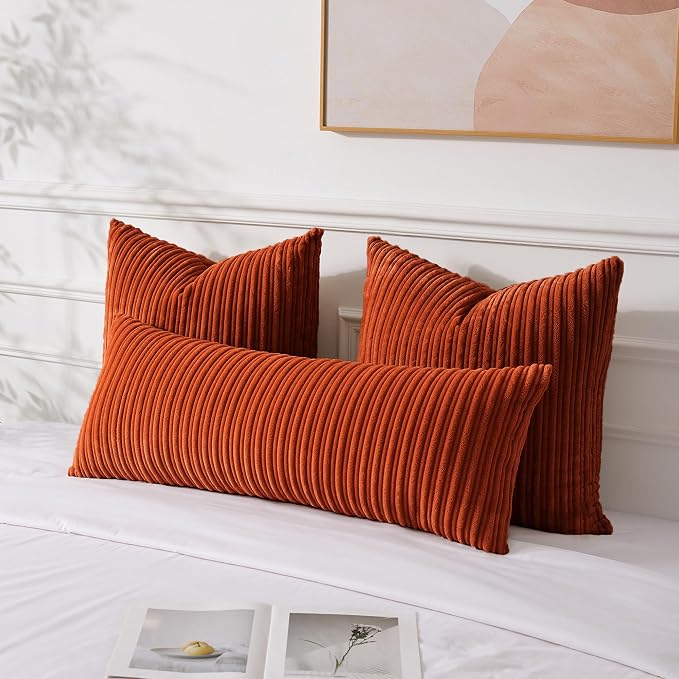 UGASA Fall 14x36 Inch Pillow Cover Pack of 1 Soft Boho Stripe Corduroy Large Long Rectangle Lumbar Cushion Case Farmhouse Decorative Throw Pilowcase for Bed, Couch, Sofa, Bedroom, Burnt Brick