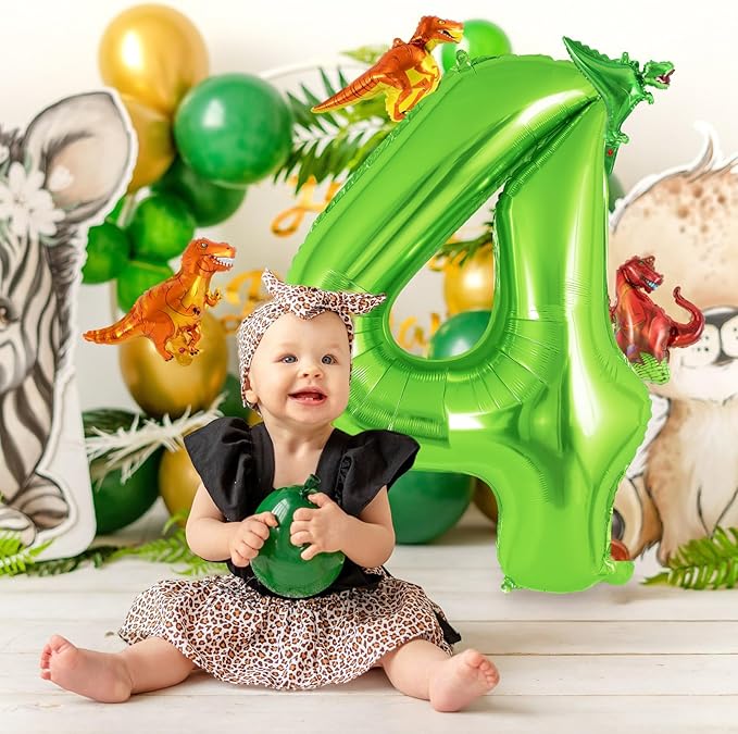 Dinosaur Green Number 4 Balloon, 40 Inch Big Large Foil Helium Green Number Balloon with 4 Pcs Mini Dinosuar, Dinosuar Mylar Balloons Set for 4 Year Old Birthday Party Decorations Supplies