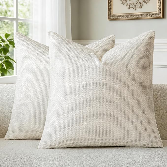 a moment Ivory Chenille Throw Pillow Covers 24x24 Inch Pack of 2 Modern Decorative Throw Pillow Cases Farmhouse Cross Covers Home Decor for Sofa Bedroom Living Room