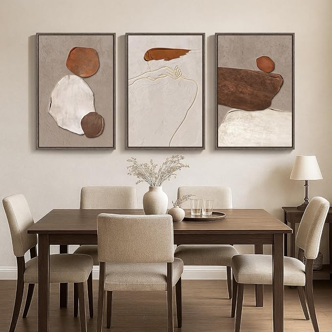 Large Framed Beige and Brown Neutral Abstract Wall Art, Set of 3, 20x30 In | Rustic artwork for walls, Canvas prints paintings, Minimalist stone pictures, Wall decor for living room hallway stair office