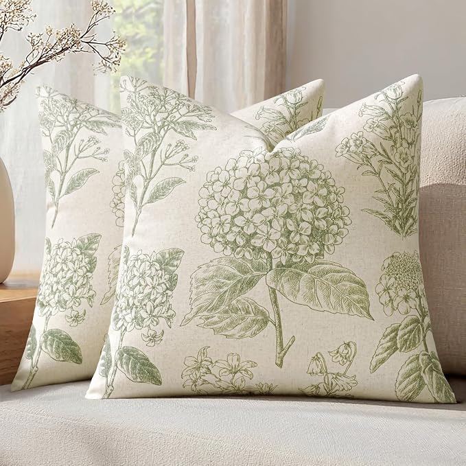 Set of 2 Decorative Floral Pillow Covers 22x22 Inch Sage Green | Neutral Hydrangea Print, Boho Vintage Throw Cushion Covers, Cottagecore Home Decor, for Sofa Couch Porch Bedroom Living Room