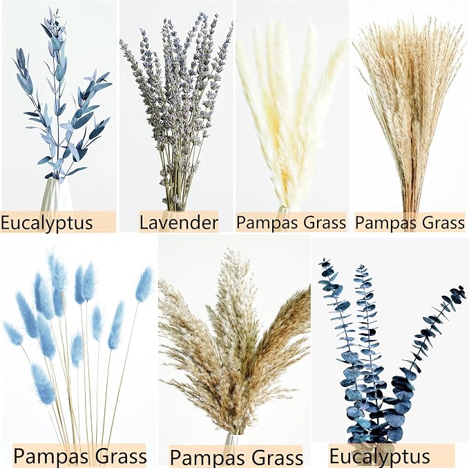 Dusty Blue Dried Flower Bouquet with Pampas Grass, Bunny Tails, Lavender and Eucalyptus, Beige Boho Floral Arrangement for Vase, Wedding Centerpiece, Bedroom and Coastal Home Decor