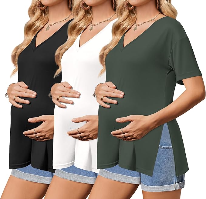 Ekouaer 3 Packs Women's Maternity Shirts V Neck Pregnancy Tops Short Sleeve Casual Workout Tees Side Split Mama Clothes