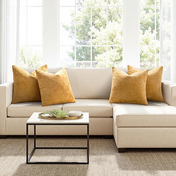 MIULEE Soft Decorative Chenille Pillow Covers Gold 18x18 Pack of 4 | Modern Home Decor, All Same Gold Color Set, Couch Throw Pillows, Farmhouse Boho Cushion Covers for Sofa Bed Living Room