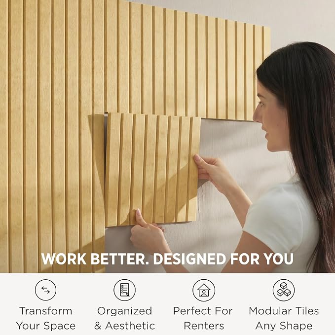 Large Felt Bulletin Board 48 x 36 Inch - 12-Pack Square Acoustic Wall Panels, Cork Board Alternative, NRC 0.95, Damage-Free Adhesive, Slatted Design for Home, Classroom (Mustard)