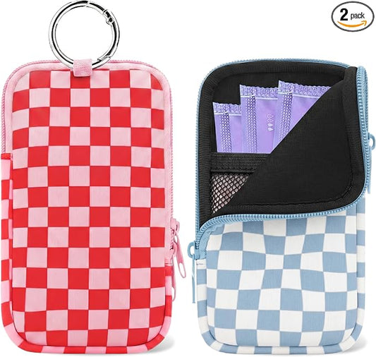 2 Pack Portable Tampon Holder Zippered Pouch with Snap Hook, Waterproof Travel-Friendly Discreet Period Bag, Feminine Products Organizer for Women Purse (Plaid)