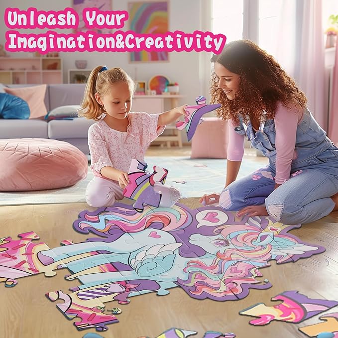 Large Shimmery Unicorn Floor Puzzle for Kids Ages 4-8, 45+ Pieces Large Jigsaw Puzzle for Kids&Toddler Ages 3 4 5 6 7 8, Educational Puzzels Unicorn Toys for Girls Unicorn Christmas Birthday Gift