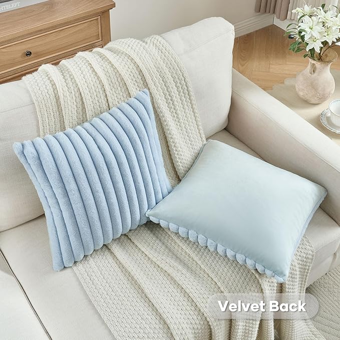FUTEI Pack of 2 Faux Fur Throw Pillow Covers 16x16 Inch, Light Blue | Fluffy Faux Rabbit Fur Front/Premium Velvet Back,Hidden Zipper,Machine Washable,Non-Shedding,Colorfast,Insert Not Included.