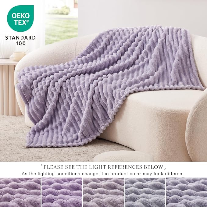 EXQ Home Fleece Blanket Twin Size for Couch or Bed - 3D Stripe Jacquard Decorative Blankets - Cozy Soft Lightweight Fuzzy Flannel Blanket Suitable for All Seasons(60"×80",Light Purple)