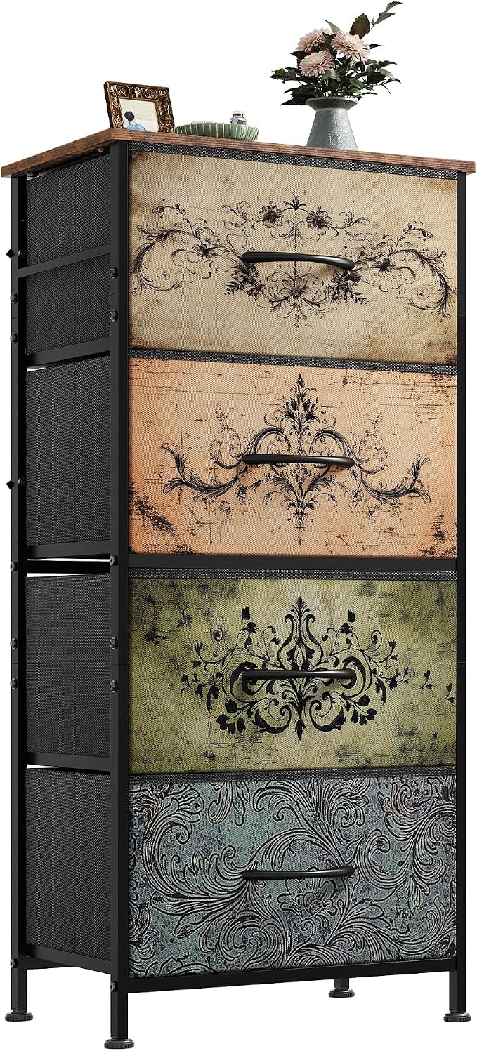 WLIVE Small Dresser Nightstand for Bedroom, 4 Drawers, Pattern | 4 vertical fabric drawers, Space-saving tower, Bedroom or closet use, Chest of drawers, Dresser for small spaces