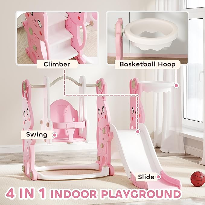 Qaba 4 in 1 Toddler Slide and Swing Set, Kids Playset for Ages 1.5-4, Rabbit Themed Children Slide Playground with Climber, Basket Hoop, for Indoor Outdoor Backyard, Pink
