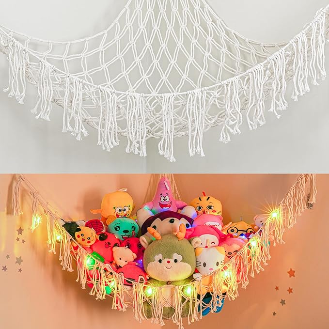 Stuffed Animals Hammock with LED Light Included 2Batteries - 63 inch XX-Large Boho Style Toy Storage Net - Corner Hanging Hammock for Small or Large Plushies Organize & Girls Room Decor, Baby Nursery