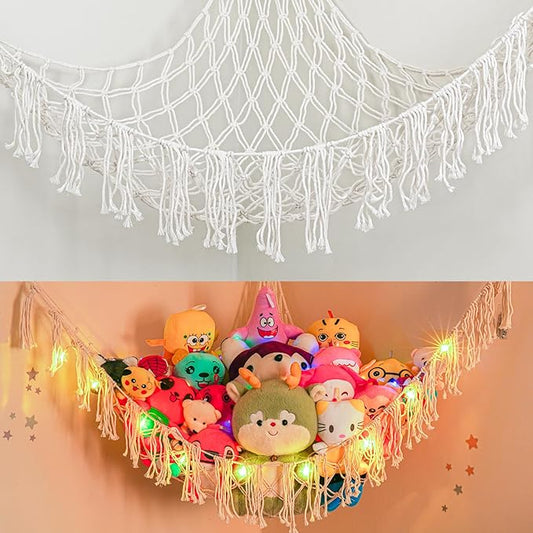 Stuffed Animals Hammock with LED Light Included 2Batteries - 63 inch XX-Large Boho Style Toy Storage Net - Corner Hanging Hammock for Small or Large Plushies Organize & Girls Room Decor, Baby Nursery