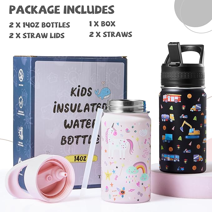 2 Pack Kids Water Bottle,14oz Stainless Steel Insulated Water Tumbler Leak-Proof,School Water Mug,Small and Portable,Suitable for Boys and Girls to Use(Black car + Pink unicorn)
