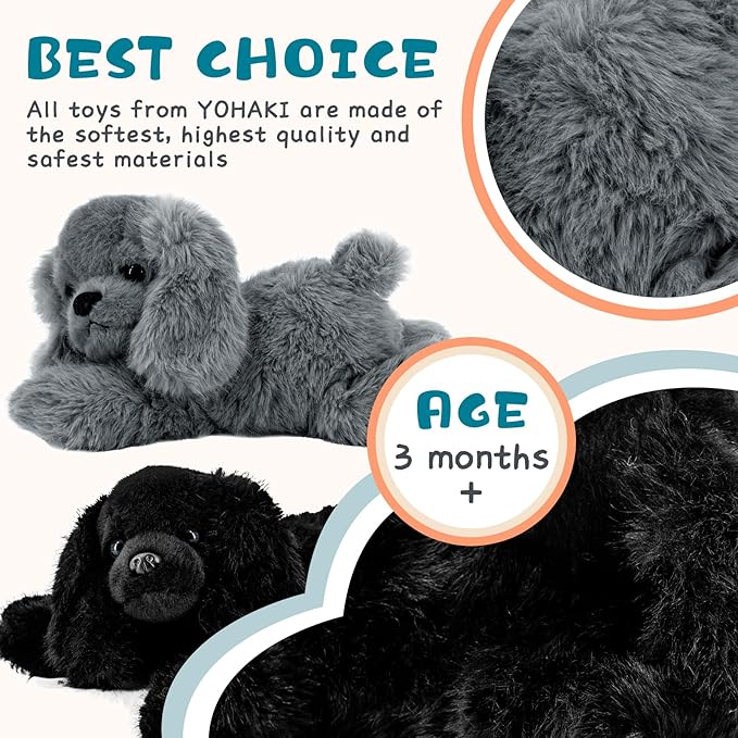 Plush Puppy Dog Set - 2 Pack 10 Inch Soft & Fluffy Stuffed Animal Dogs, Huggable Black & Gray Plush Puppies, Cuddly Toy Gift for Kids & Dog Lovers, Machine Washable & Ultra-Soft
