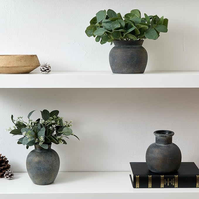 SIDUCAL Ceramic Flower Vase with Wide Mouth Lace, 5.1 Inch Pottery Rustic Farmhouse Boho Vases, Small Terracotta Vase for Home Decor, Table, Living Room, Bathroom, Shelf, Wedding, Bronze