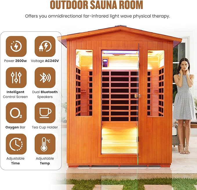 OUTEXER Outdoor 4 Person Sauna Far Infrared Saunas Dry Sauna Room Red Cedar and Canadian Hemlock Wood Wooden Sauna Spa 2600W 240V with 7 Color Light 62.2 * 46.8 * 81.9 inches