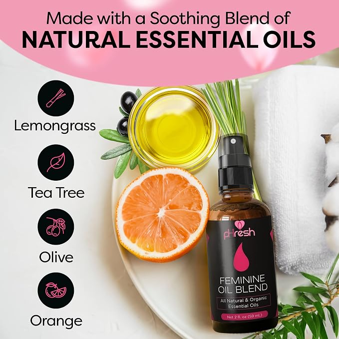 pHresh Feminine Spray - 100% All Natural Yoni Oil for Women - With Tea Tree, Lemongrass, Orange Essential Oils - 2 oz