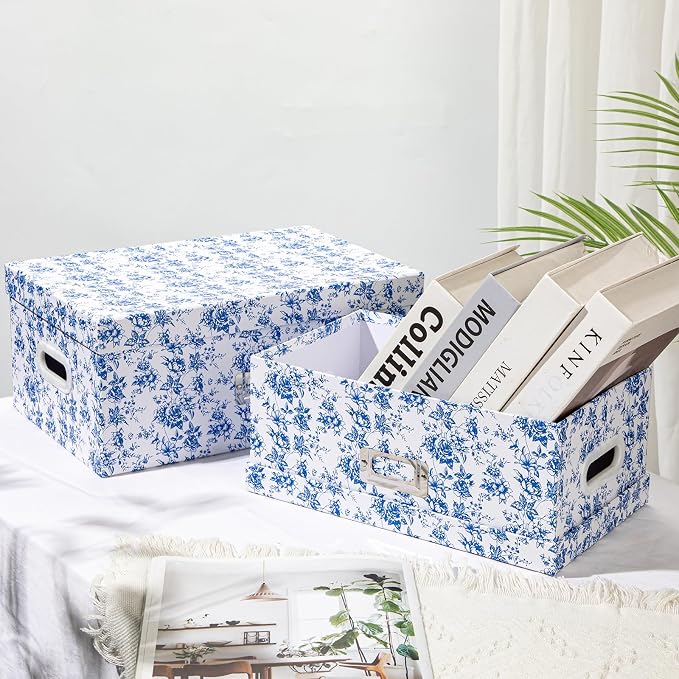 Briful Set of 2 Blue and White Porcelain-Style Storage Boxes with Lids – Elegant Floral Nesting Organizer Bins, 14'' + 13'' Set Decorative Cardboard Gift Boxes for Home or Office Use