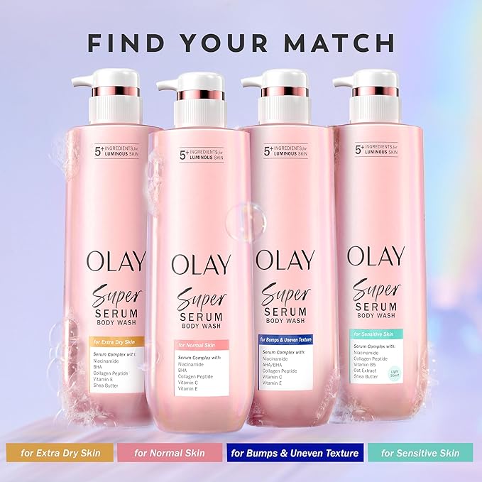 Olay Super Serum Body Wash for Extra Dry Skin, 24hr Long Lasting Hydration, 5+ Ingredient Complex for Bright Even Firm Luminous Skin, 28 fl oz