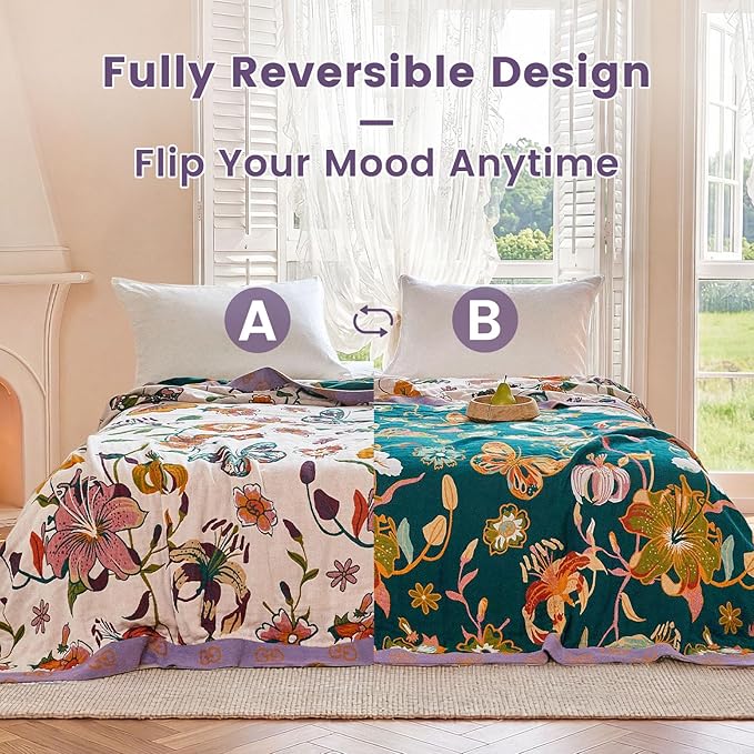 MSGKV Boho Throw Blanket 50"x60" 100% Cotton Butterfly Floral Blanket Couch | Muslin Throw, Butterfly Floral Pattern, Reversible Woven, Lightweight Comfort, Farmhouse Decor, All Seasons, Machine Washable