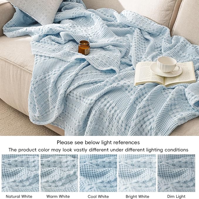 PHF 100% Cotton Waffle Weave Blanket Queen Size, Lightweight Breathable Summer Blanket for Hot Sleepers, Pre-Washed Soft Layer for Bed, Couch, Aesthetic Home Decor & Gift, 90"x90", Sky Blue