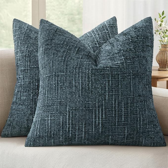 MIULEE Chenille Textured Throw Pillow Covers Blue 20x20 Set of 2 | Slubby Decorative Pillows, Boho Farmhouse Coastal Decor, Modern Neutral Cushion Covers for Couch Sofa Bed Living Room