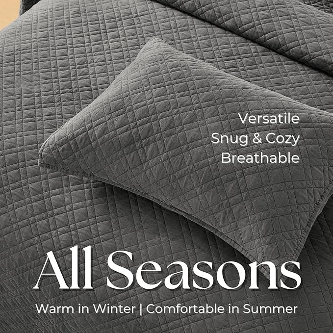 King Quilt Set with Shams Lightweight Quilted Bedspread Coverlet Thin Comforter Bed Cover Vintage Washed Quilted Blanket for All Season, Brushed Microfiber Diamond Stitching, Ash Gray, 104"x92"