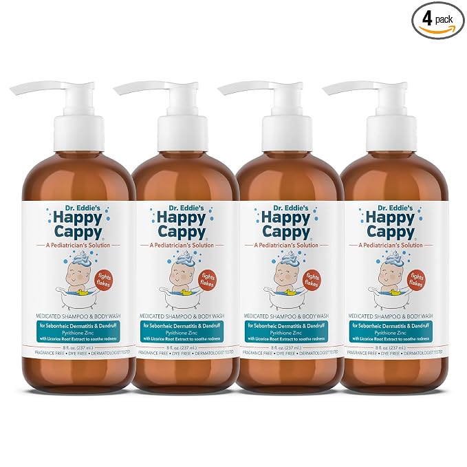 Happy Cappy Medicated Shampoo and Body Wash- Baby Dandruff Shampoo, Helps Cradle Cap and Seborrheic Dermatitis, Reduces Redness, Dermatologist Tested, Fragrance-Free- 8 Fl Oz (Pack of 4)