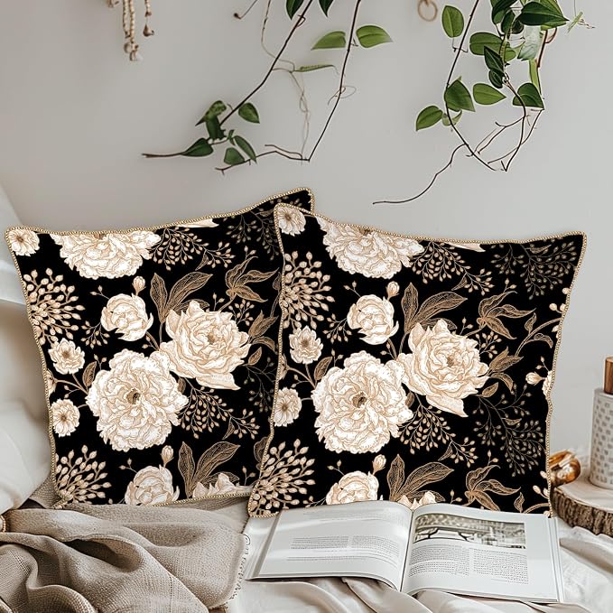 KSLIDS Vintage Peony Roses Floral Soft Velvet Throw Pillow Covers Set of 2 White Roses Flower Bloom Leaves Decorative Pillow Covers 16x16 Inch Black Gold Cream Pillow Case for Sofa Couch Home Decor