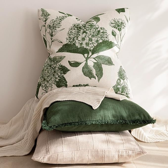 Foindtower Set of 2 Linen Floral Throw Pillow Covers Neutral Vintage Print Decorative Cozy Cushion Covers Farmhouse Boho Home Decor for Sofa Chair Couch Bedroom Living Room,22×22 Inch,Dark Green
