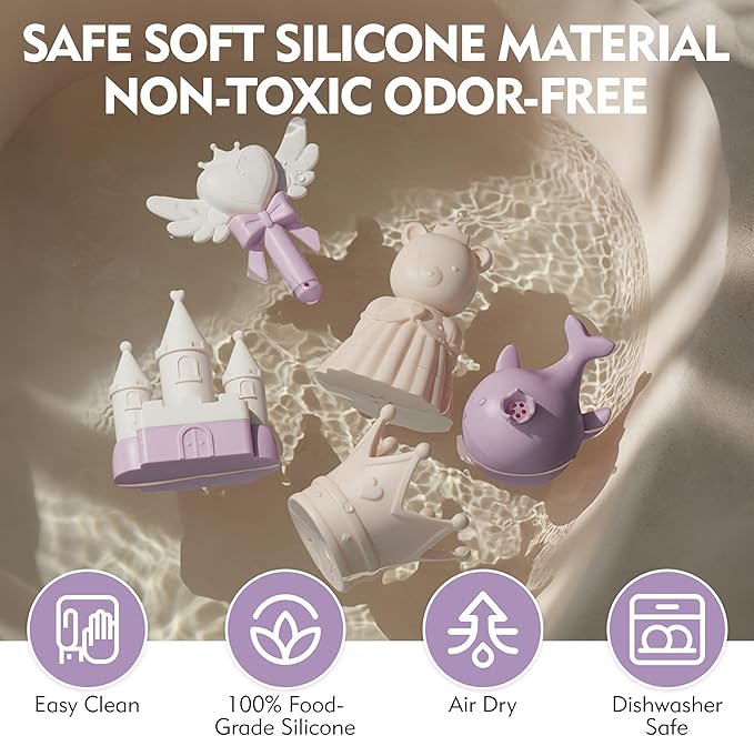 MarcZero Princess Silicone Bath Toys 8Pcs for Toddlers Kids Babies,Bathtub Water Toys,Soft Squeezable Easy-Grip Pool Toys Set (Purple)