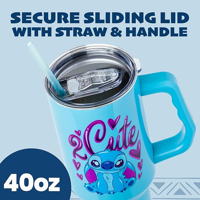 Silver Buffalo Disney Lilo and Stitch “2 Cute” Stainless Steel Tumbler with Handle, Fits in Standard Cup Holder, 40 Ounces (Pack of 12)